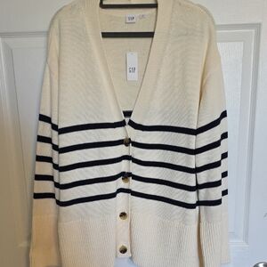 GAP Cream with Navy Striped Button-Front Cardigan